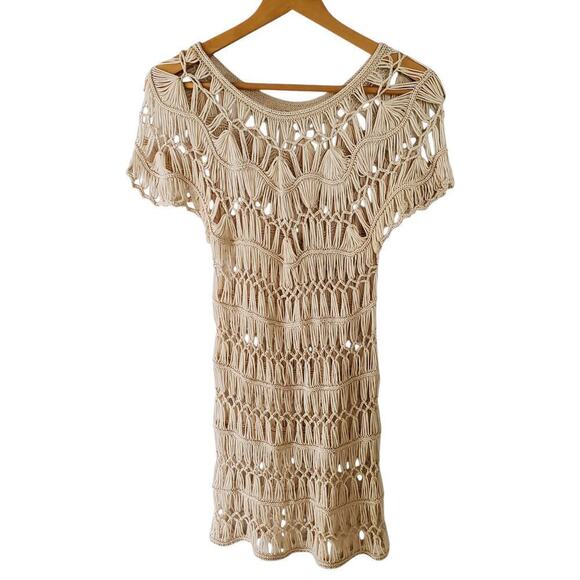 Macramé Crochet Open Weave Dress Beach Coverup Beige Size S/M - Picture 6 of 13
